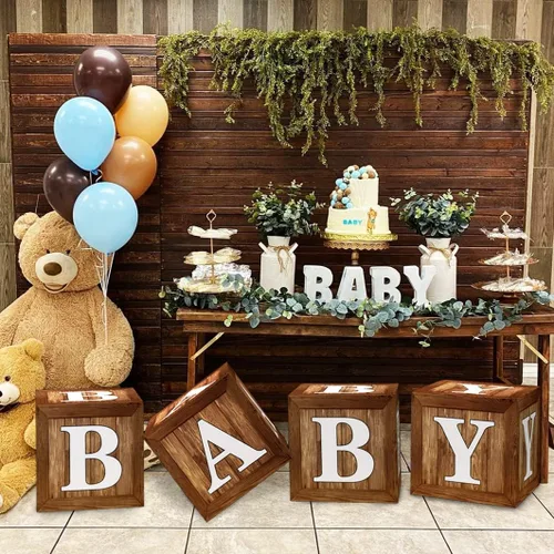 Vista 3 de Cajas de exhibición para baby shower con impresión de veta de madera para decoraciones de fiesta, telón de fondo neutro para fiesta de revelación