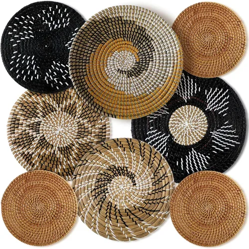 Vista 12 de Xuhal Juego de 8 cestas de pared colgantes tejidas, hechas a mano, decorativas, rústicas, estilo bohemio, cestas de pared artesanales de mimbre