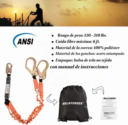 Vista 7 de Cordón de seguridad de doble pierna de 6 pies para amortiguador de consturción Cordón elástico con conectores de gancho de presión y barras