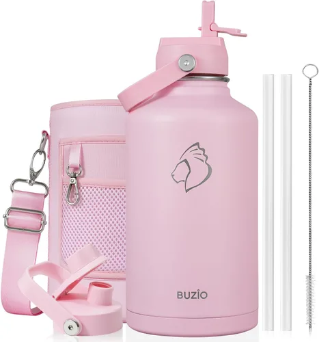 Vista 60 de BUZIO Botella de agua aislada de 24 oz, frasco de agua de boca ancha de acero inoxidable con tapa de pajita, frío durante 48 horas a prueba de Negro