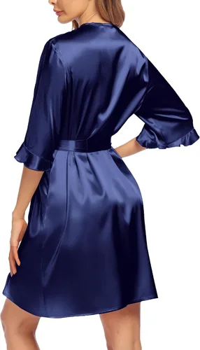 Vista 3 de Ekouaer Bata de satén para mujer, lencería de San Valentín para mujer, kimono, bata corta con volantes, cinturón, ropa de dormir para damas de honor