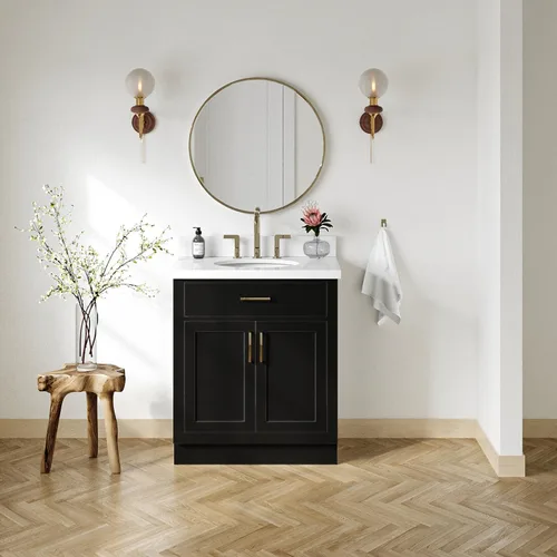 Vista 2 de ARIEL Hepburn - Tocador de baño de 30 pulgadas con fregadero, madera maciza, encimera y protector contra salpicaduras de cuarzo blanco puro de 1.5