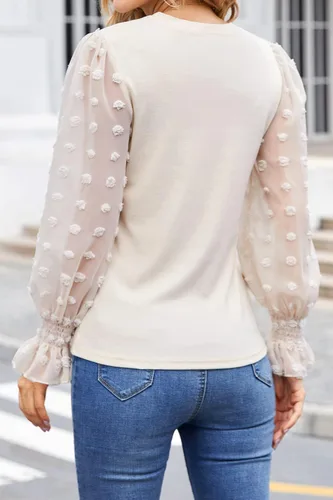 Vista 4 de Camisetas de manga larga abombada para mujer, camisetas de punto de cuello redondo de moda con parches de pompón, manga transparente