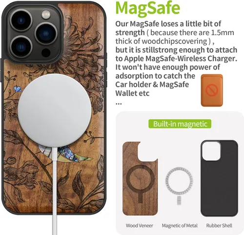 Vista 5 de Carveit Funda protectora de madera de diseñador para iPhone 13 Pro (grabado de madera e incrustaciones de concha) compatible con 13 Pro MagSafe