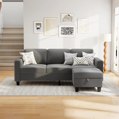 Vista 9 de Sofás Seccionales para Sala de Estar - Sofá Moderno en Forma de L de Lino Gris Oscuro de 3 Plazas con Otomana de Almacenamiento Reversible