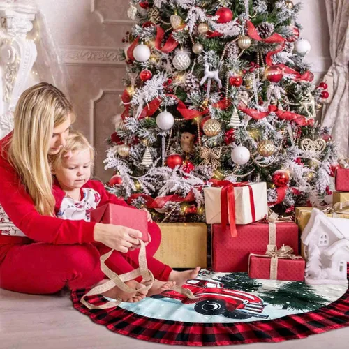 Vista 3 de ORTIGIA Falda de Árbol de Navidad de Camión de 48 Pulgadas Cuadros Búfalo Rojo Negro Falda de Árbol de Navidad Cuello Borde con Volantes para Granja