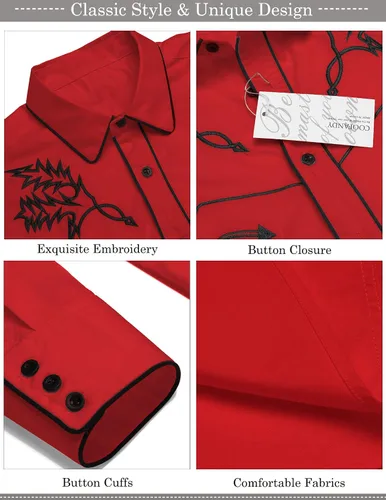 Vista 5 de COOFANDY Camisa vaquera occidental bordada de manga larga de algodón casual con botones para hombre