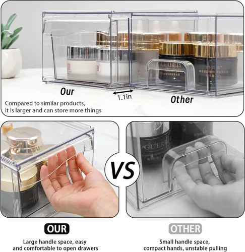 Vista 4 de Paquete de 6 cajones de almacenamiento apilables transparentes, organizador de maquillaje de baño grande de 12 pulgadas de ancho y bolígrafo, lentes