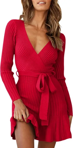Vista 2 de Chang Yun Vestido tipo suéter para mujer, sexy, por debajo de la rodilla, con cuello en V, ajustado, con volantes, acanalado, para invitadas