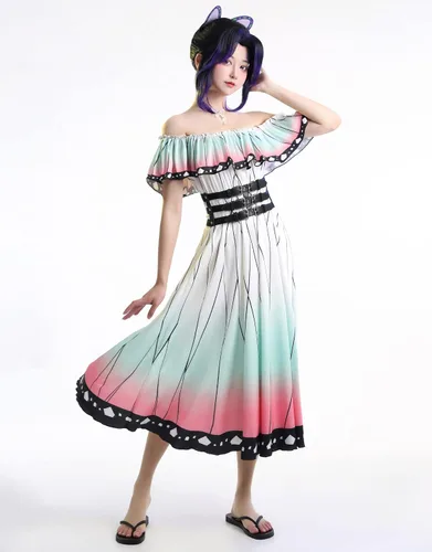 Vista 4 de Haikyuu Vestido de cosplay de anime para mujer, vestido de playa con volantes de mariposa y hombros descubiertos, lazo largo, acampanado, casual