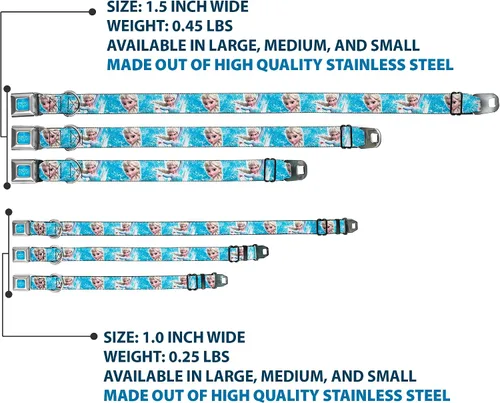 Vista 3 de Buckle-Down Collar de perro con hebilla de cinturón de seguridad, cara de Elsa congelada, postura de acción, copos de nieve, azul, blanco, 1.5