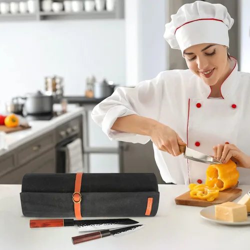 Vista 7 de Manjushri Bolsa enrollable para cuchillos de chef con 9 bolsillos de tela de lona y cinturón de cuero genuino. Negro