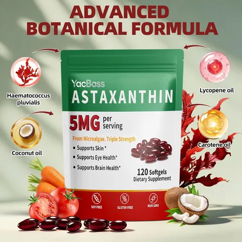 Vista 2 de Suplementos de astaxantina de 5 mg - Astaxantina Premium 120 cápsulas blandas para ojos, cerebro, piel y apoyo inmunológico, fuente de microalgas
