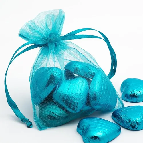 Vista 5 de Bolsas de regalo de organza de 4 x 6 pulgadas con cordón para joyas, dulces, paquetes de 50 bolsas de té de tela transparente azul aguamarina