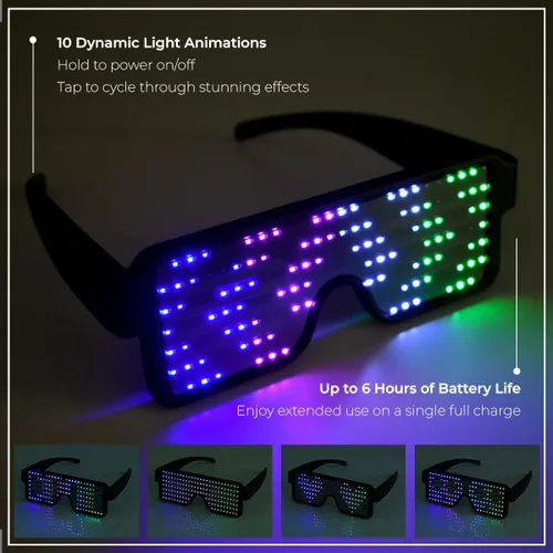 Vista 10 de Gafas LED: gafas de sol iluminadas con batería de larga duración, neón, 11 patrones