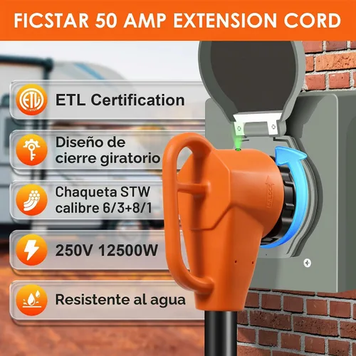 Vista 3 de Cable de extensión para RV de 50 amperios de 30 pies, cable de alimentación para RV resistente 6/3+8/1 SJTW AWG con mango de agarre y bloqueo