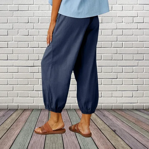 Vista 3 de ZQFFB Pantalones capri para mujer, casuales, de verano, de lino, cintura elástica, pantalones cortos con cordón