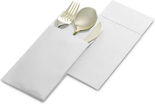Vista 3 de Paquete de 50 servilletas desechables de lino con bolsillo integrado para cubiertos, tela preplegada blanca como servilletas de papel para cenas