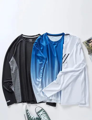Vista 7 de Paquete de 3 camisetas de manga larga Dry Fit para hombre, camisetas ligeras de rendimiento atlético con agujeros para el pulgar para senderismo
