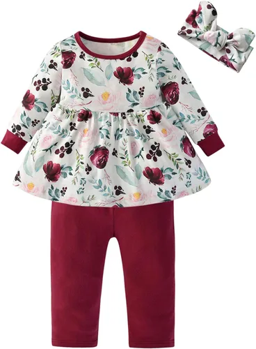 Vista 8 de Conjunto de 3 piezas de ropa para bebé niña, camiseta con volantes, camisa floral, pantalones y diadema Verde