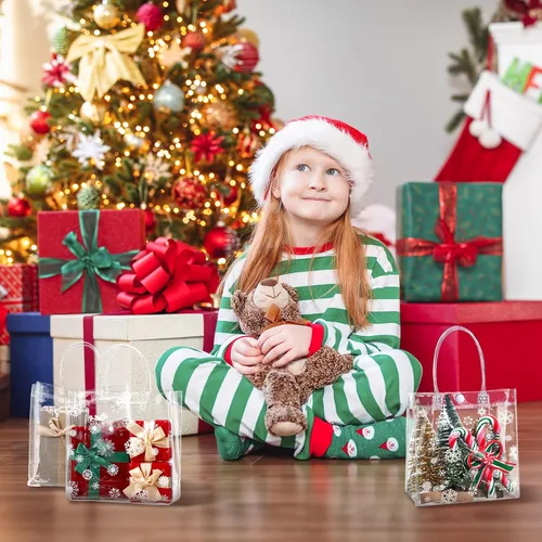 Vista 5 de Gueevin 60 piezas de bolsas de regalo de Navidad transparentes con asas, bolsas de plástico a granel para dulces, con temática de copo de nieve