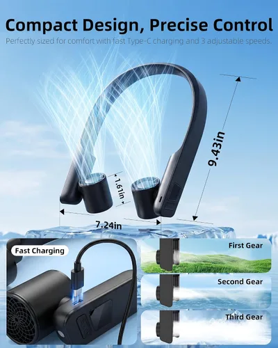 Vista 6 de FrSara Ventilador de cuello portátil que sopla aire frío recargable, dispositivo de refrigeración personal alimentado por batería con USB tipo C