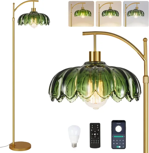 Vista 9 de AHDWDW Lámpara de pie de arco dorada para sala de estar con control remoto, lámparas de pie modernas regulables con pantalla de vidrio ámbar