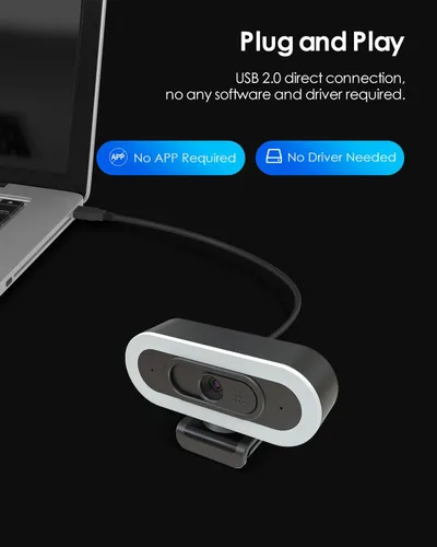 Vista 8 de Cámara web 2K 50FPS para PC/Mac, cámara de computadora con luces RGB de relleno, 2 micrófonos con cancelación de ruido, enfoque automático y trípode