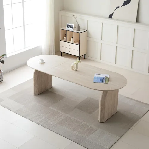 Vista 3 de Mesa de comedor ovalada extensible, mesa de cocina moderna de madera con parte superior de MDF y patas de pedestal dobles, mesa de 59.06 a 90.55