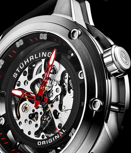 Vista 4 de Stuhrling Original Mens Automatic Watch Skeleton Stainless Steel Self Winding Dress Watch with Rubber Strap 50MM