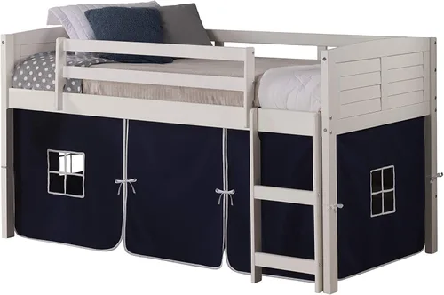 Vista 4 de Donco Kids Cama tipo loft blanca con panel de rejilla con tienda azul