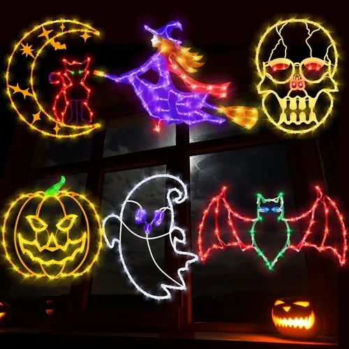 Vista 11 de Decoraciones de Luces de Siluetas para Ventana de Halloween de 16" - Paquete de 6 Colores Iluminados Gato en Luna y Fantasma y Telaraña y Calabaza