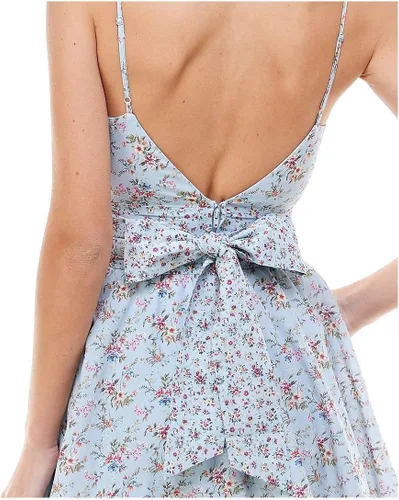 Vista 3 de Falda escalonada de encaje azul claro con cremallera y lazo en la espalda para mujer, tirantes delgados, cuello cruzado + vestido acampanado 9, Azul