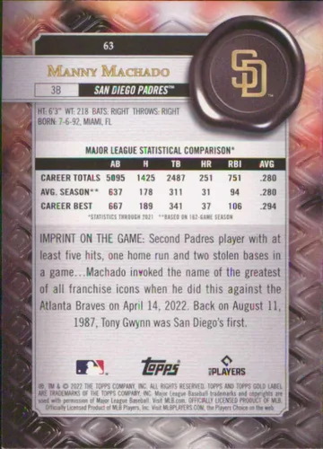 Vista 2 de 2022 Topps Gold Label Class 1#63 Manny Machado San Diego Padres Baseball Card - GotBaseballCards