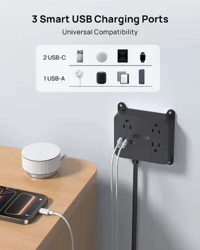 Vista 4 de TROND Regleta de alimentación de enchufe plano, cable de extensión corto de 3 pies con 3 salidas de CA, estación de carga de montaje en pared con 2