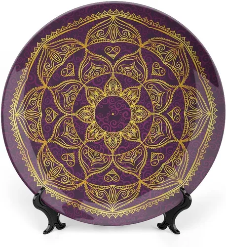 Vista 10 de XISUNYA Plato decorativo de 6 pulgadas, porcelana redonda de mandala dorada, plato de exhibición de estampado floral indio oriental para mesa