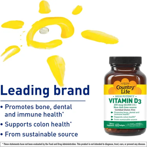 Vista 2 de Country Life Vitamina D3 10,000 UI - Fuente de alta potencia, sin pescado Apoyo para la salud ósea, inmune y de colon 60 cápsulas blandas