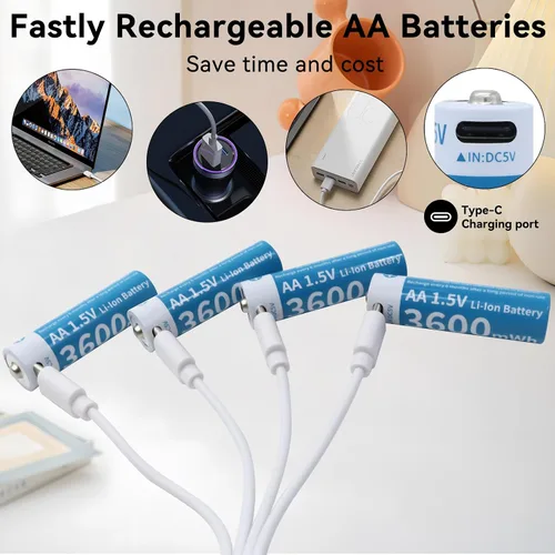 Vista 2 de Baterías de litio recargables AA, paquete de 4 baterías de iones de litio recargables USB-C de 1.5 V 3600 mWh con cargador USB a tipo C 4 en 1
