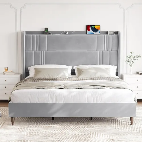 Vista 10 de Base de cama tamaño Queen con cabecera alta, plataforma tapizada de 52 pulgadas con estación de carga, marco de cama de terciopelo de lujo, cabecera