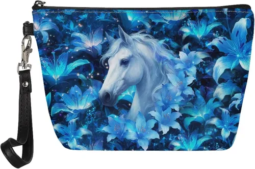 Vista 17 de Howilath Abstract Art Cat Cosmetic Pouch for Women PU Leather Toiletry Storage Bag Trapezoid Makeup Bags with Wrist Strap