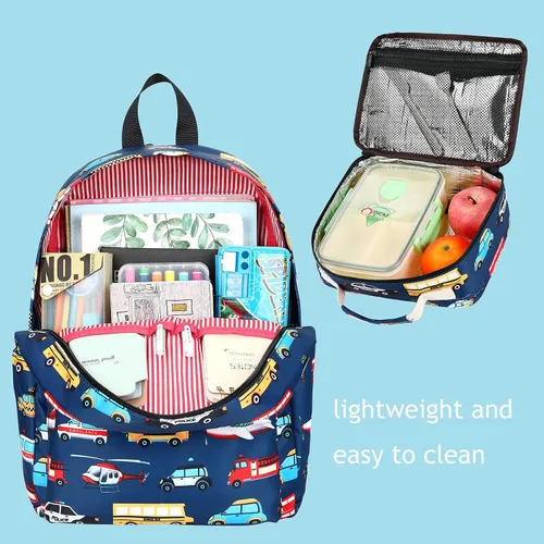 Vista 6 de Mochila escolar para niños con fiambrera para niños, para jardín de infantes, mochila escolar para niños pequeños, Patrón de avión para coche