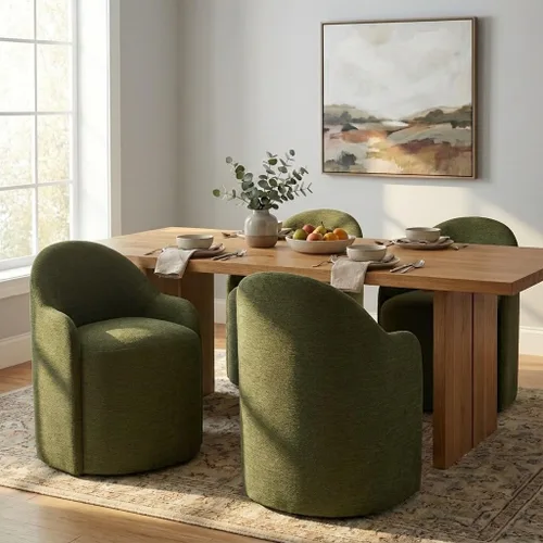 Vista 7 de KISLOT Sillas de comedor tapizadas con ruedas, sillas de comedor modernas sin montaje, silla de tocador con 5 ruedas y respaldo redondo para Verde