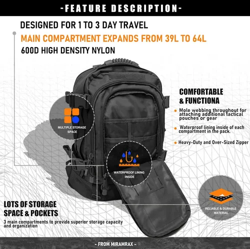 Vista 5 de Miramrax - Mochila táctica militar del ejército - Paquete de asalto para hombres, mochilas Molle, bolsa de evacuación, paquete de 3 días para Negro