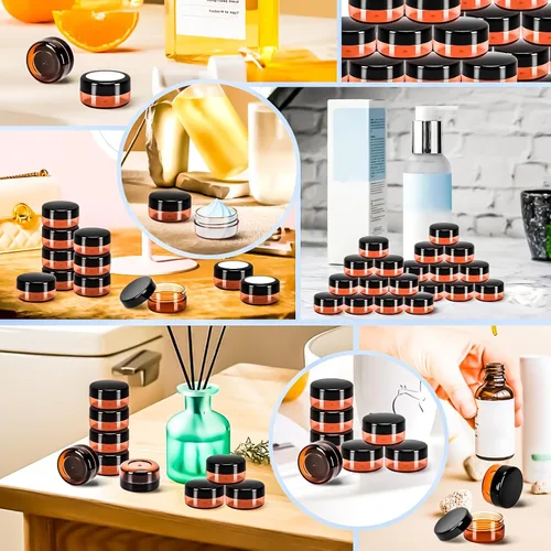 Vista 5 de Paquete de 50 de 10 g pequeños contenedores de cosméticos de plástico con tapas, frascos de maquillaje de 10 gramos de color ámbar con espátulas