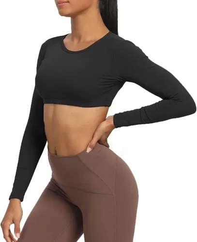 Vista 4 de Aoxjox Camiseta corta de manga larga para mujer, Clarissa sin espalda, para entrenamiento