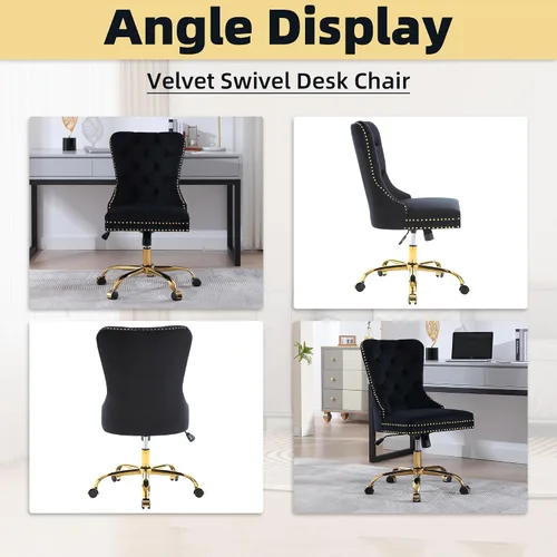 Vista 15 de ABET - Silla giratoria de terciopelo para escritorio, respaldo alto copetudo, sin brazos dorados, color negro