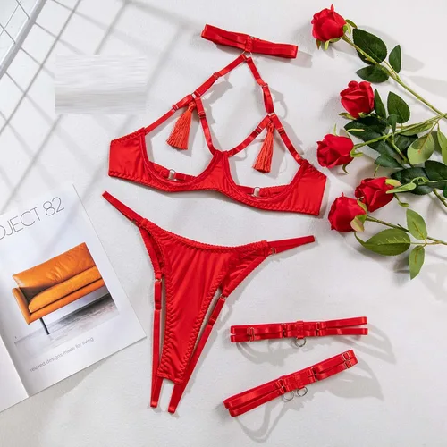 Vista 5 de Conjunto de lencería sexy para mujer para sexo, travieso, halter, con borlas huecas, brasier y bragas, juego de roles, babydoll exótico