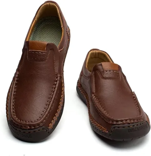 Vista 3 de Zapatos de conducción para hombre, mocasines casuales sin cordones, zapatos de vestir cómodos de cuero de ancho ancho ancho para hombre. Incluye un
