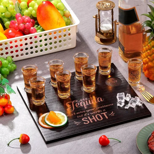 Vista 4 de Suclain Juego de vasos de chupito con 16 vasos de plástico transparente de 1 onza/1.0 fl oz, vasos de vidrio de tequila para whisky, bandeja