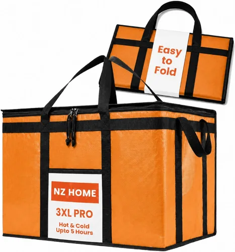Vista 15 de Bolsa térmica XXL aislada y calentador de alimentos para entrega y compras de comestibles con parte superior con cremallera, color negro
